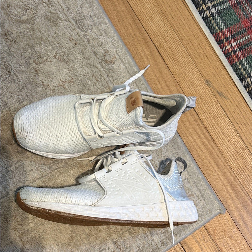 New Balance Women’s White Athletic Knit Sneakers with Gum Outsole Accent